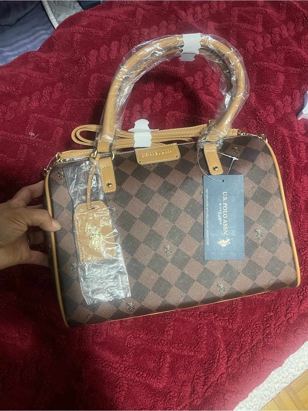 U.S. Polo Assn. Brown Check Satchel with Tan Trim